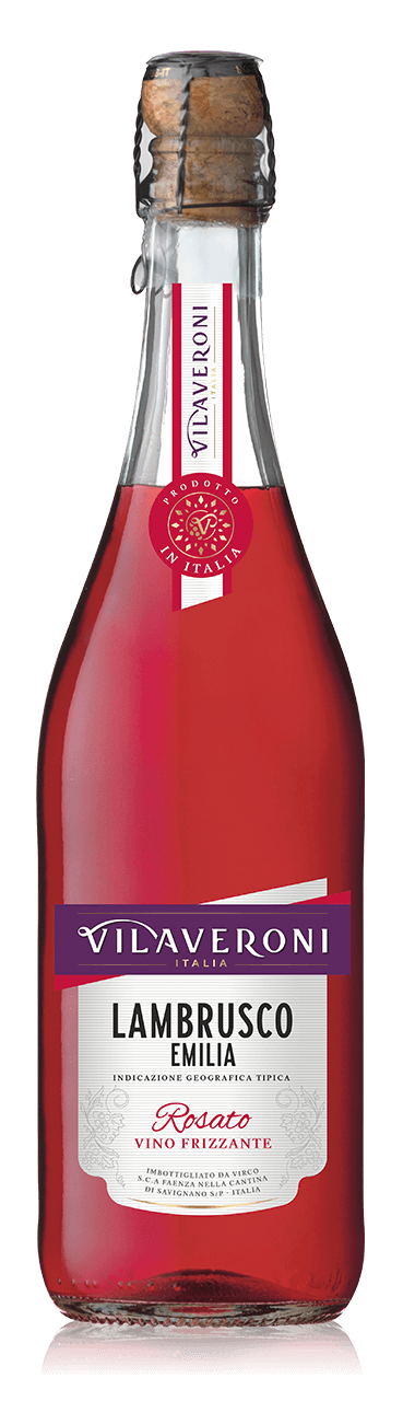 Lambrusco Rosato Vilaveroni, un vin légèrement pétillant à la robe brillante avec des reflets rosés